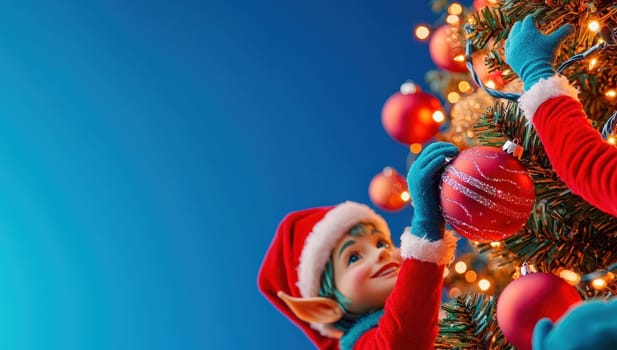 Christmas elf decorating a Christmas tree with ornaments. Festive holiday spirit and Christmas cheer.