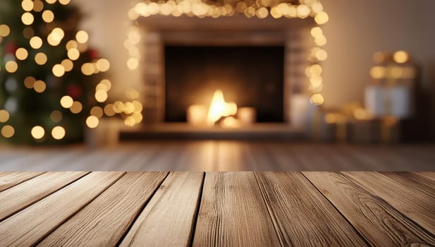 Warm Christmas Fireplace Background with Empty Wooden Table