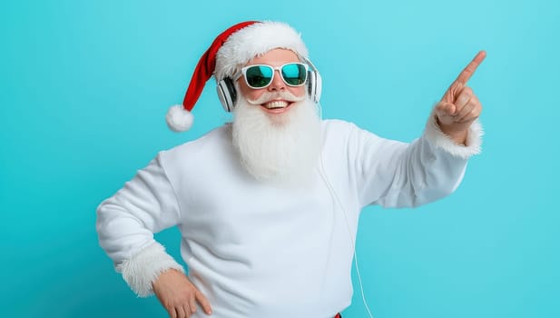Cool Santa Claus listening to music with headphones and pointing up on blue background. Christmas and New Year celebration concept.