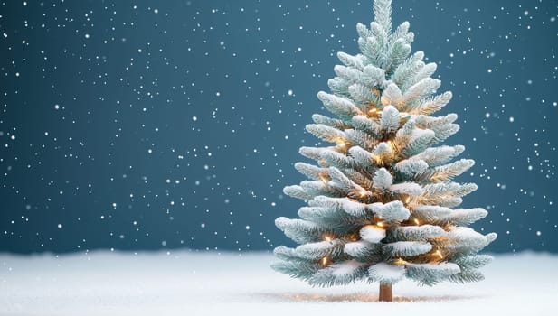 Snowy Christmas Tree with Twinkling Lights on Blue Background