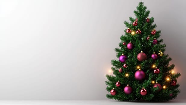 Christmas Tree with Ornaments and Lights on White Background