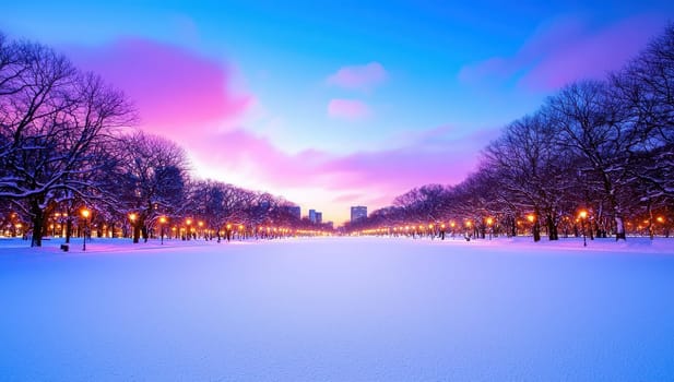 Snowy City Park at Twilight, A picturesque winter scene with illuminated trees and snow covered paths.