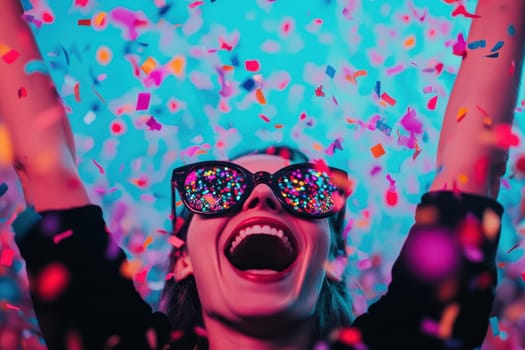 Euphoric Woman Celebrates with Confetti Explosion. Concept of Party, Joy, Excitement, and new year.