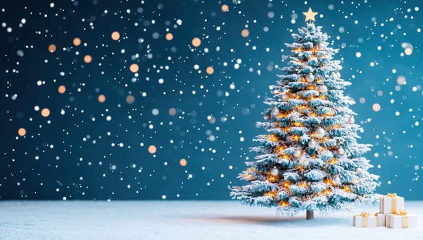 Christmas Tree with Sparkling Lights and Gifts Under Snowfall