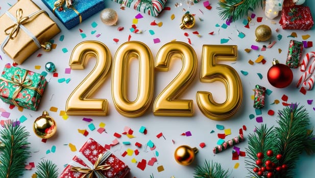 Festive New Year 2025 Celebration with Golden Numbers, Gifts, and Decorations