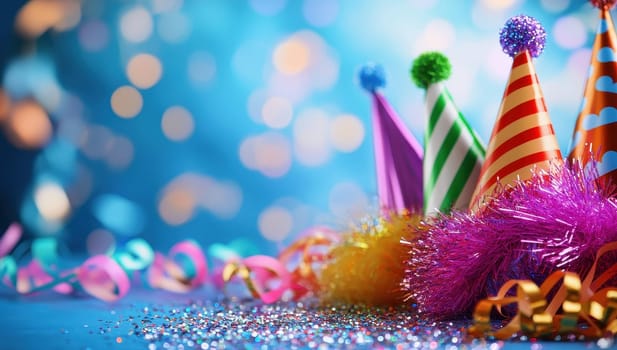 Colorful Party Hats and Festive Decorations on Sparkling Background