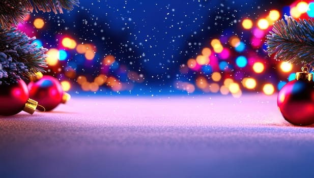 Magical Christmas Background, Snow, Ornaments, and Twinkling Lights