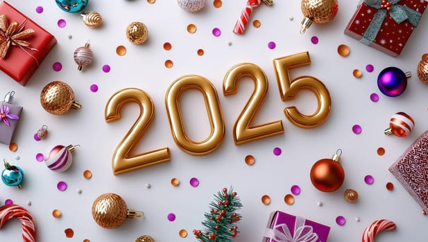 Festive New Year 2025 Celebration with Golden Numbers Surrounded by Colorful Decorations and Gifts