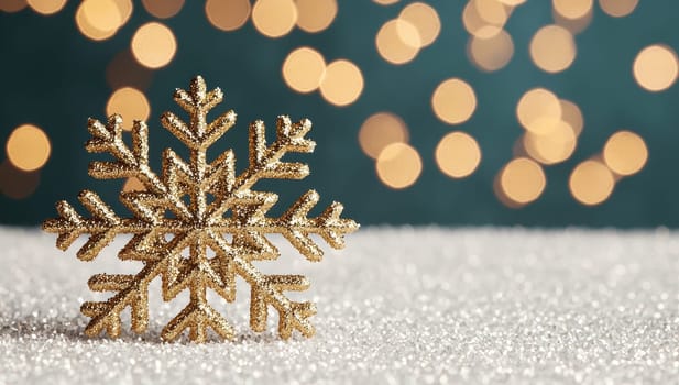 Gold Snowflake on Glitter with Bokeh Lights, Festive Christmas Background