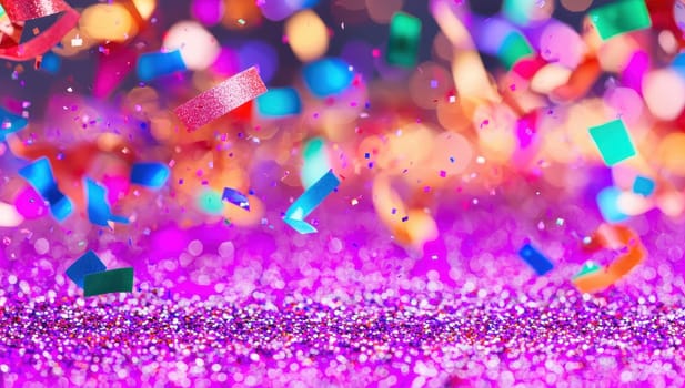 Colorful Confetti Falling on Sparkling Glitter, Festive Celebration Background. Concept of New Year.
