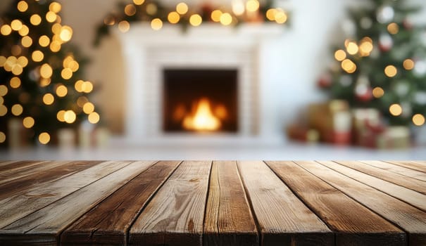 Empty wooden table top with blurred Christmas fireplace background. Winter holidays mock up for display or montage product design