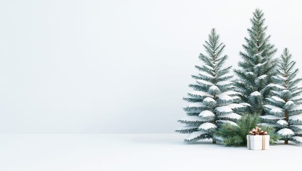 Snowy Christmas Trees with Gift, Festive Winter Scene