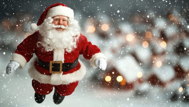 Santa Claus flying over a snowy village at night. Christmas concept.