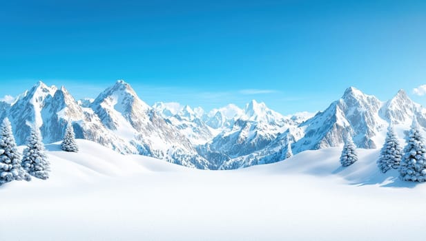 Snowy mountain landscape with fir trees under blue sky. Winter wonderland scenery.