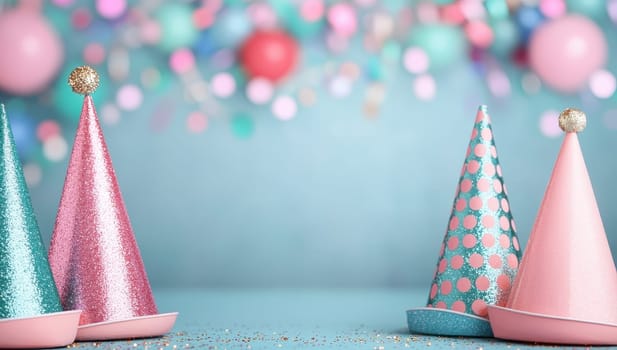 Colorful Party Hats on Sparkling Background, Birthday and New Year Celebration