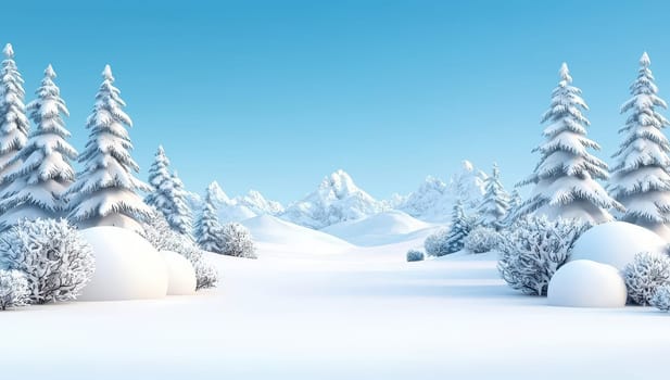 Snowy winter landscape with snow covered trees and mountains.
