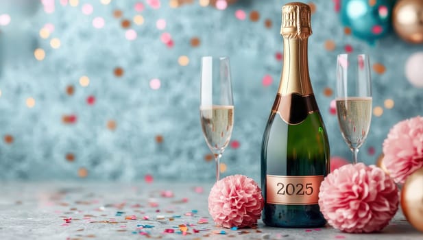 Celebrating New Year 2025, Champagne bottle, flutes, and festive decorations.