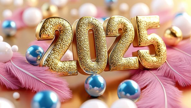 Happy New Year 2025 golden text with pink feathers and baubles on gold background. 3D rendering.