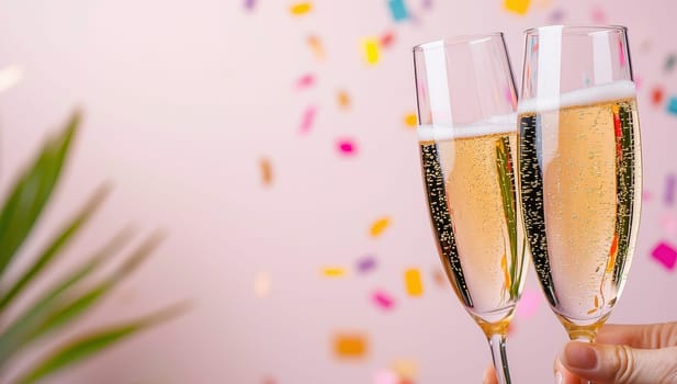 Two champagne glasses toasting against a pink confetti background.