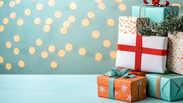 Festively wrapped Christmas gifts with colorful decorations and soft bokeh background, perfect for holiday celebrations
