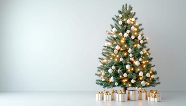 Christmas tree with white ornaments and gift boxes. Festive holiday background.