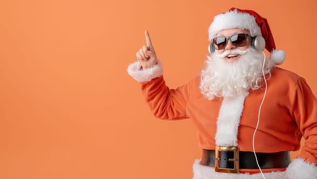 Cool Santa Claus with headphones and sunglasses pointing up on orange background. Christmas music and holiday party concept.