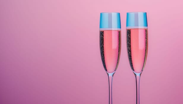 Two Flutes Filled with Pink Champagne on Pink Background, Celebration and New Year Concept