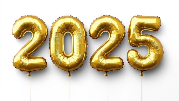 2025 Gold Foil Balloons on White Background. New Year Concept.