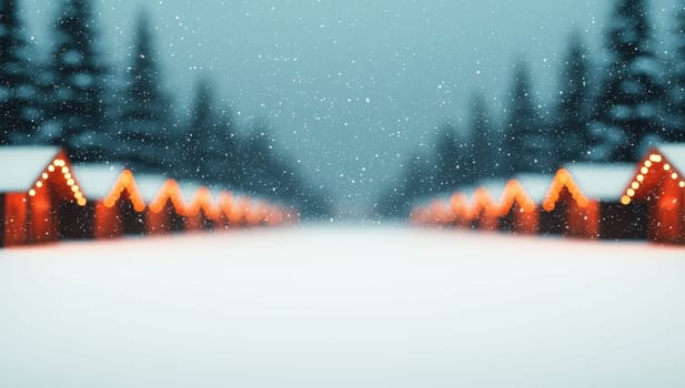 Snowy winter background scene with illuminated cozy cabins lining a path through pine forest at dusk. Magical holiday atmosphere with warm glowing lights in a serene snowfall landscape