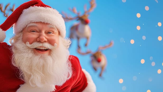 Cheerful Santa Claus with reindeer and snowflakes. Christmas magic and holiday spirit.