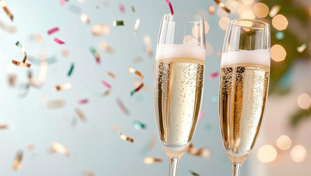 Two champagne glasses with confetti celebrating New Year's Eve.