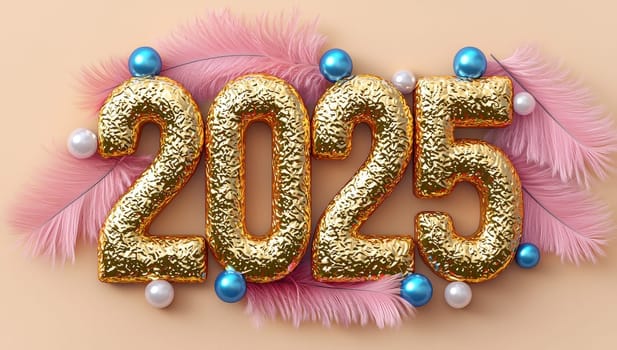 Happy New Year 2025. Golden metallic numbers 2025 with feathers and baubles on pastel background. 3D illustration