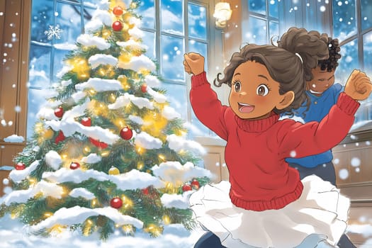 Two children joyfully engage in holiday festivities as they decorate a Christmas tree with lights and ornaments in a cozy indoor setting.