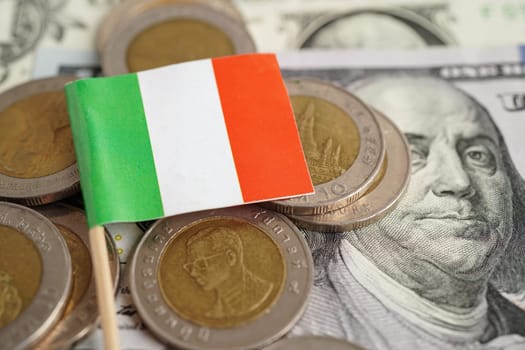 Italy flag on coin and banknote money, finance trading investment business currency.
