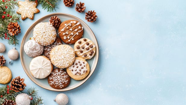 Christmas gingerbread cookies on blue background with copy space. Christmas holiday baking concept.