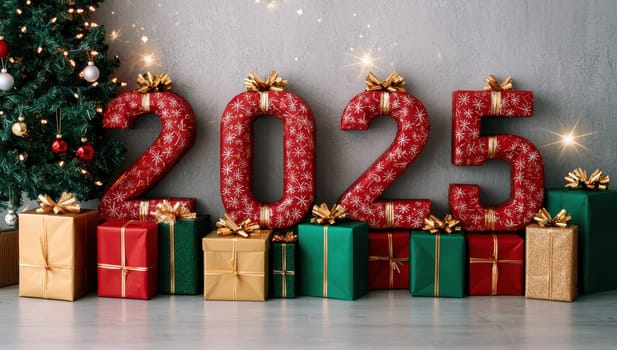 2025 New Year with Christmas tree and gift boxes. 3D rendering