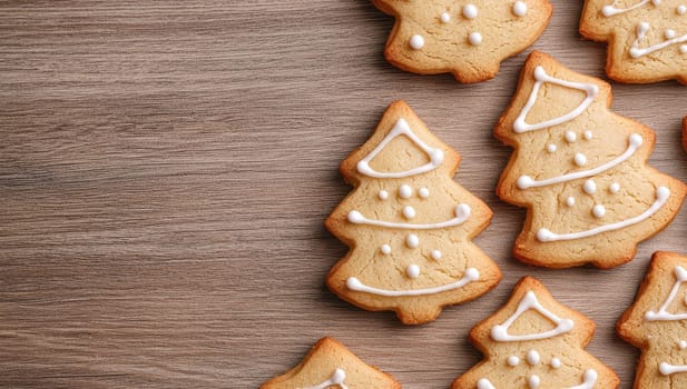 Christmas tree shaped gingerbread cookies on wooden table, top view with space for text