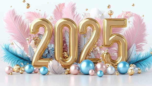 New Year 2025 celebration background with gold number and colorful feather and ball decoration.