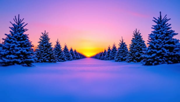 Winter background. Snowy path through a pine tree forest at sunset