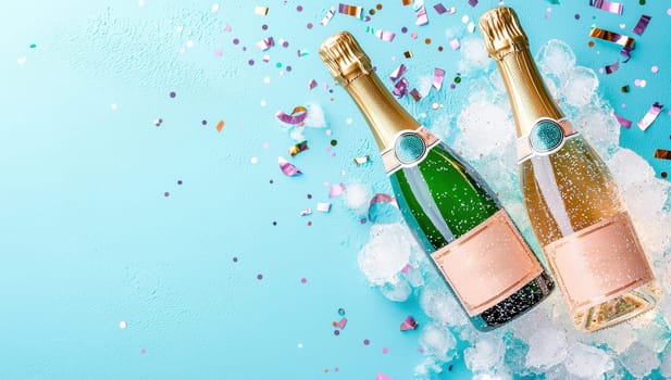 Champagne bottles in ice with confetti on blue background. Celebration concept.