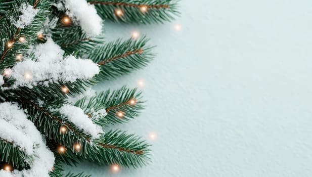 Christmas background with fir branches and lights on a blue background