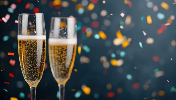 Two champagne glasses with falling confetti. New Year's Eve celebration concept.