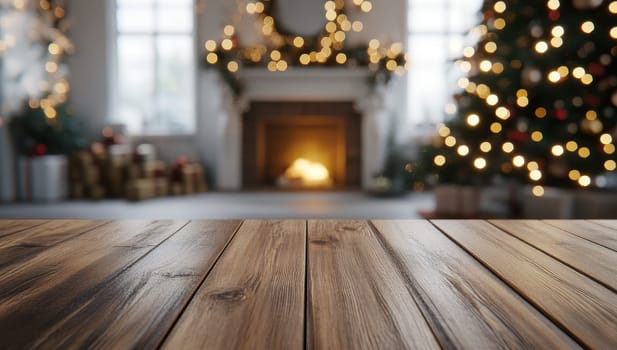 Empty wooden table in front of blurred Christmas fireplace background