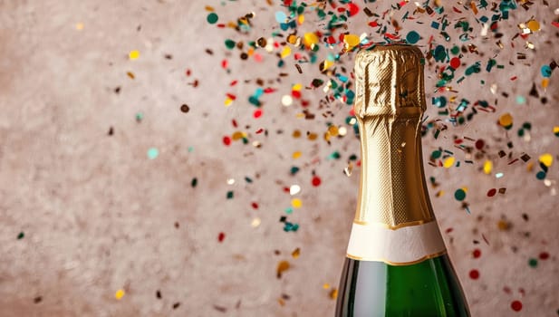 Champagne bottle with colorful confetti on a beige background