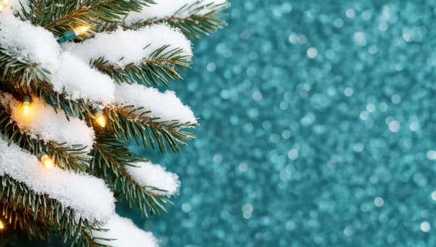 Christmas tree branch with snow and lights on a blue glitter background
