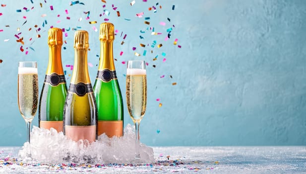 Champagne bottles in ice bucket with glasses and falling confetti. Celebration concept.