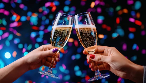 Two hands toasting with champagne flutes against a colorful confetti background