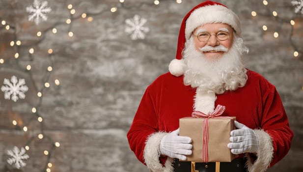 Smiling Santa Claus holding a Christmas gift