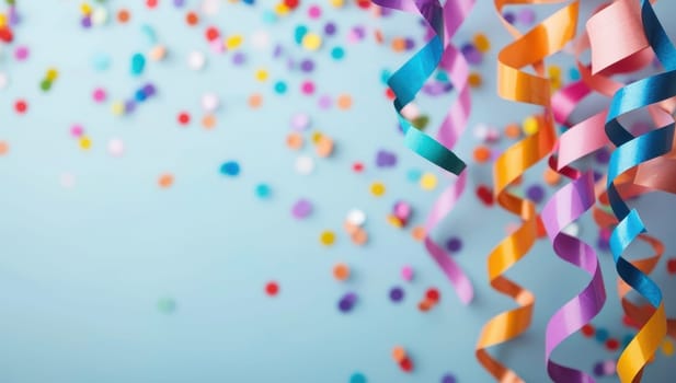 Colorful party streamers and confetti on a blue background with copy space