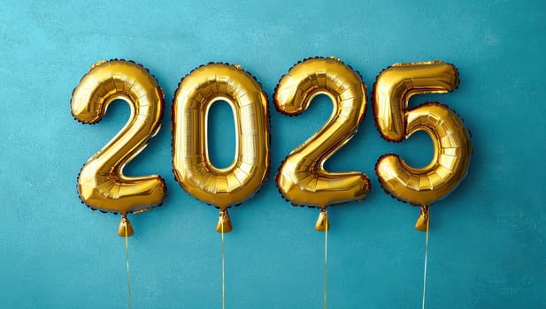 Gold balloons making up the year 2025 on a blue background